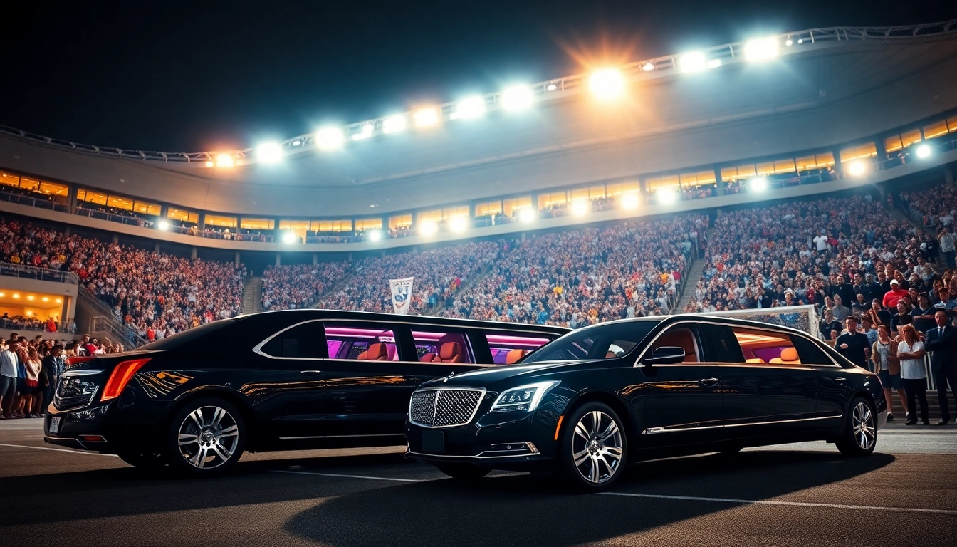 World Cup Group Transportation in a luxury limousine outside a bustling stadium, capturing a vibrant and exciting atmosphere.