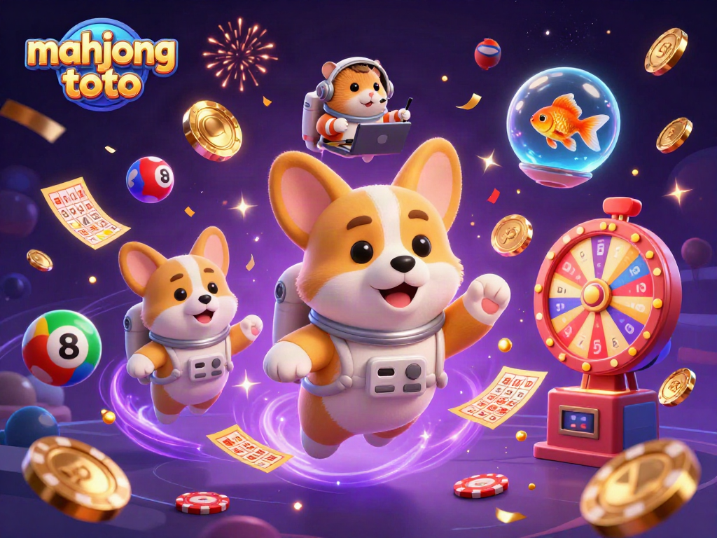 Engage in thrilling Mahjong Toto action with a playful 3D cartoon astronaut corgi in a vibrant casino scene.