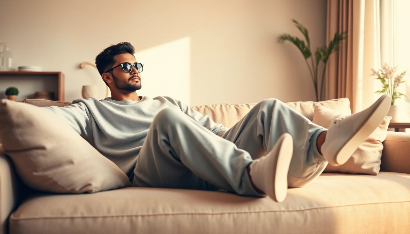 Model showcasing oversized sweatpants in a cozy living room, highlighting effortless style and comfort.