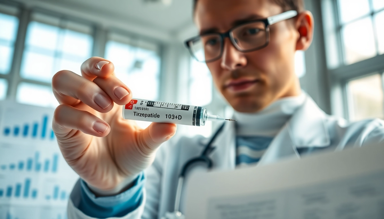Healthcare professional analyzing Tirzepatide syringe in a bright office environment.