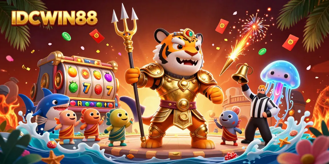 Spin to win big with IDCWIN88 in a vibrant slot game featuring dynamic characters and festive elements.