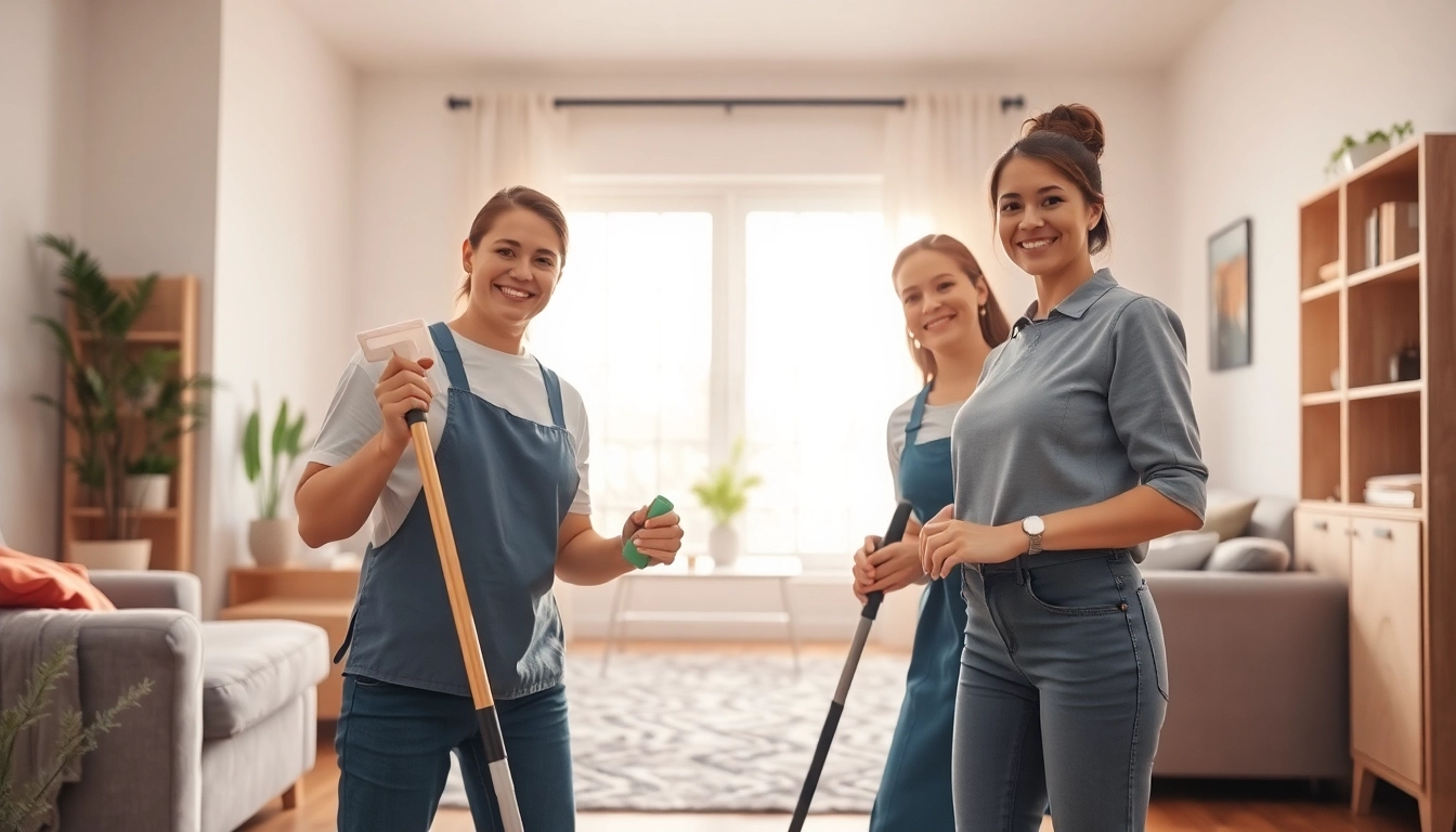 Cleaning Service team efficiently tidying a cozy living room, showcasing vibrant decor and sunlight.