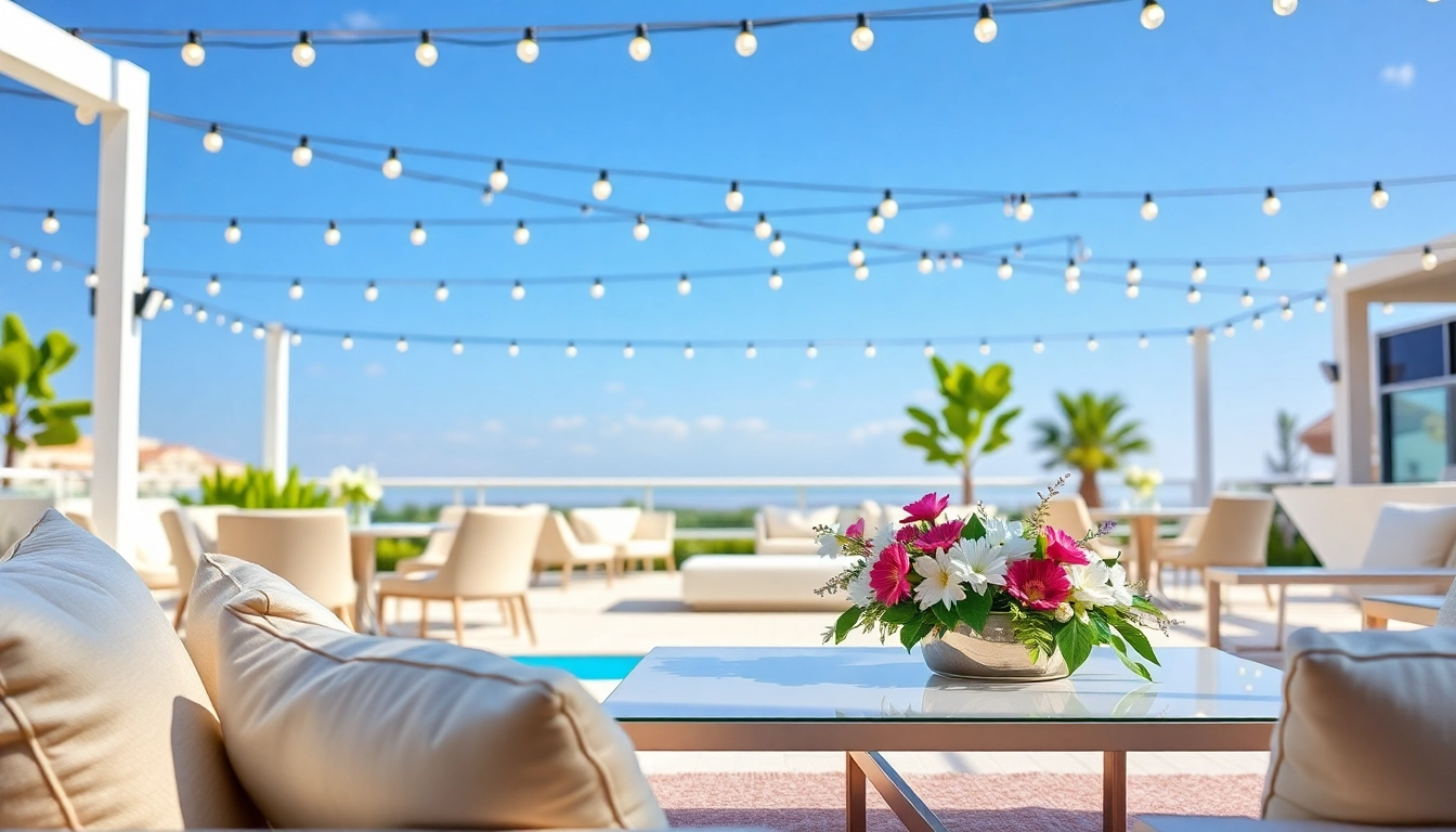 Elegant outdoor layout showcasing Event Furniture Rentals, featuring stylish lounge chairs and tables.