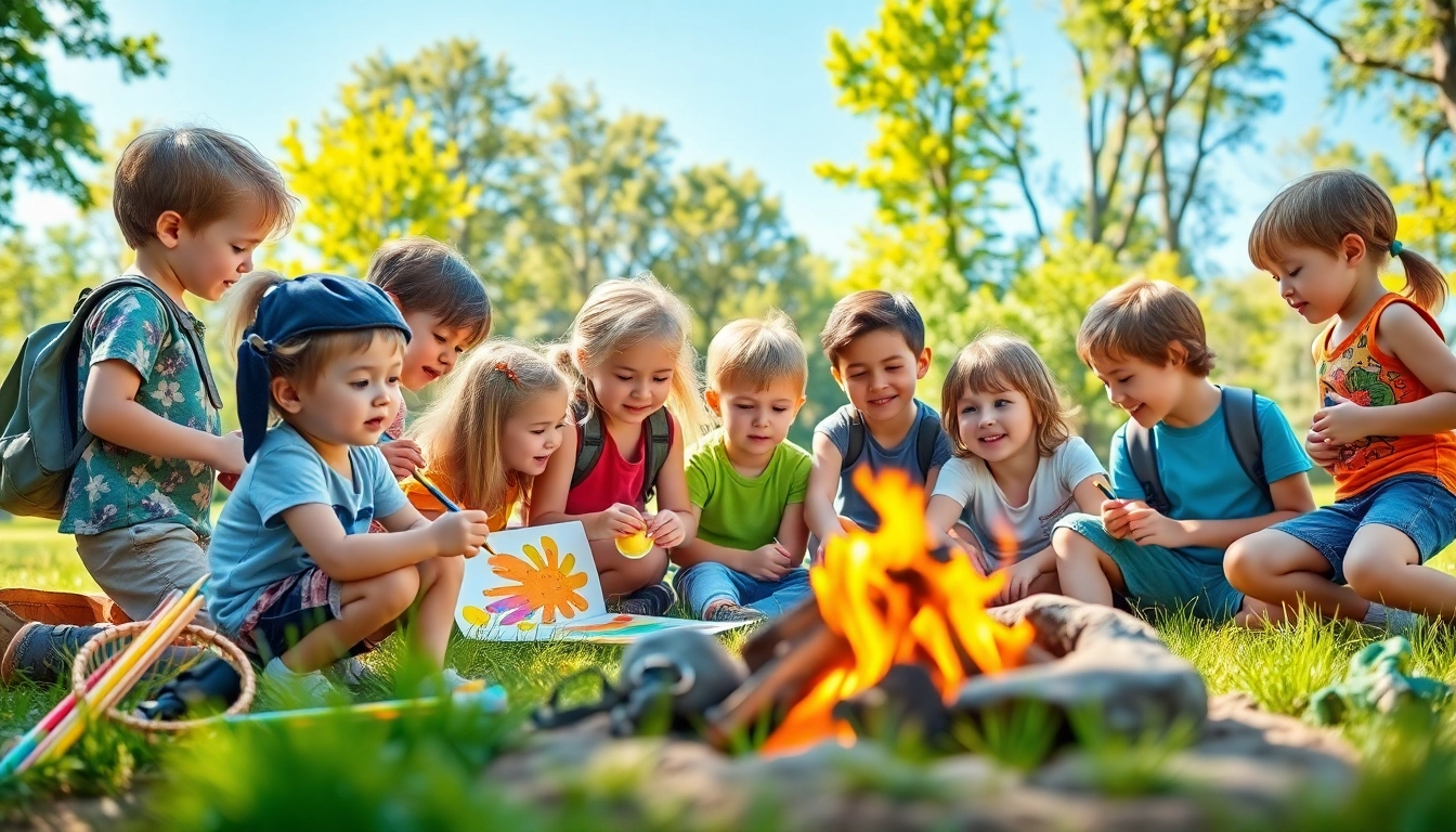 Children enjoying activities at a summer childrens camp, creating art and engaging in nature.