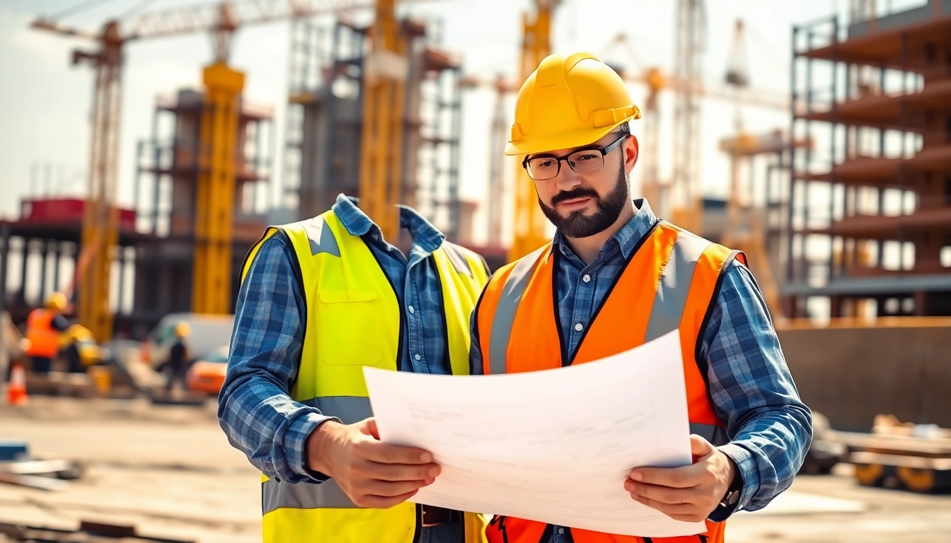 New Jersey General Contractor reviewing plans at a busy construction site, showcasing expertise.