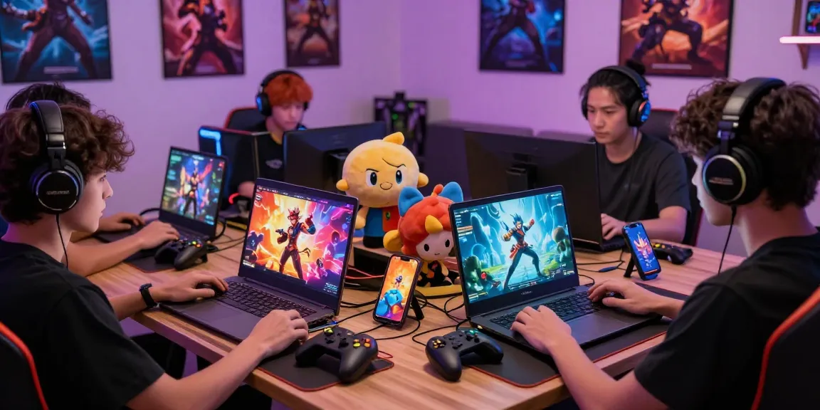Gamers enjoying html porn games on various devices in a cozy gaming room.