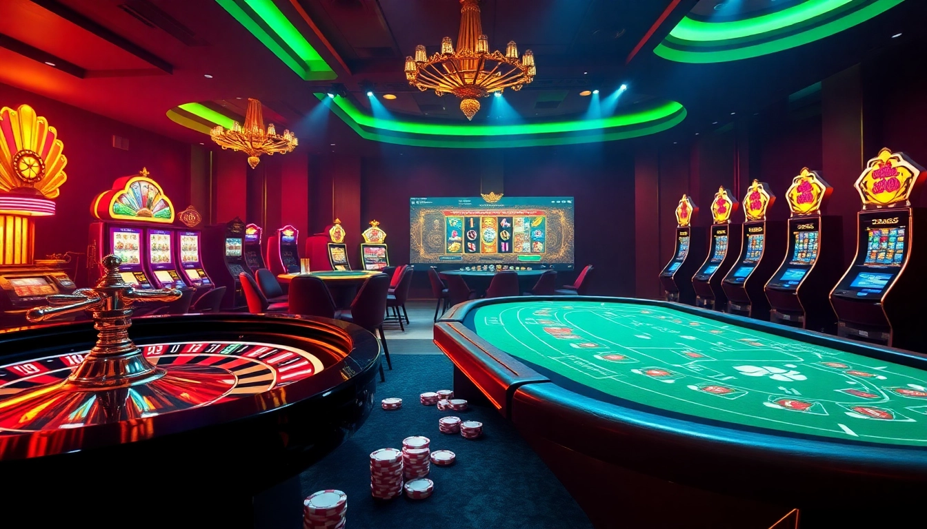 Cảnh sống động với ứng dụng bet vip, có các yếu tố casino rực rỡ, bánh xe roulette và bàn poker.