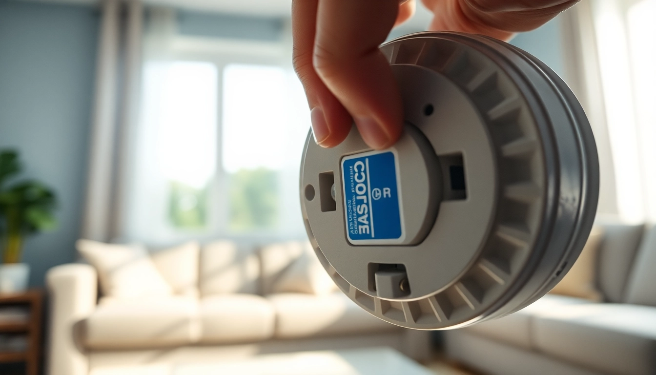 Change the smoke detector battery with focus on installation method in a home setting.