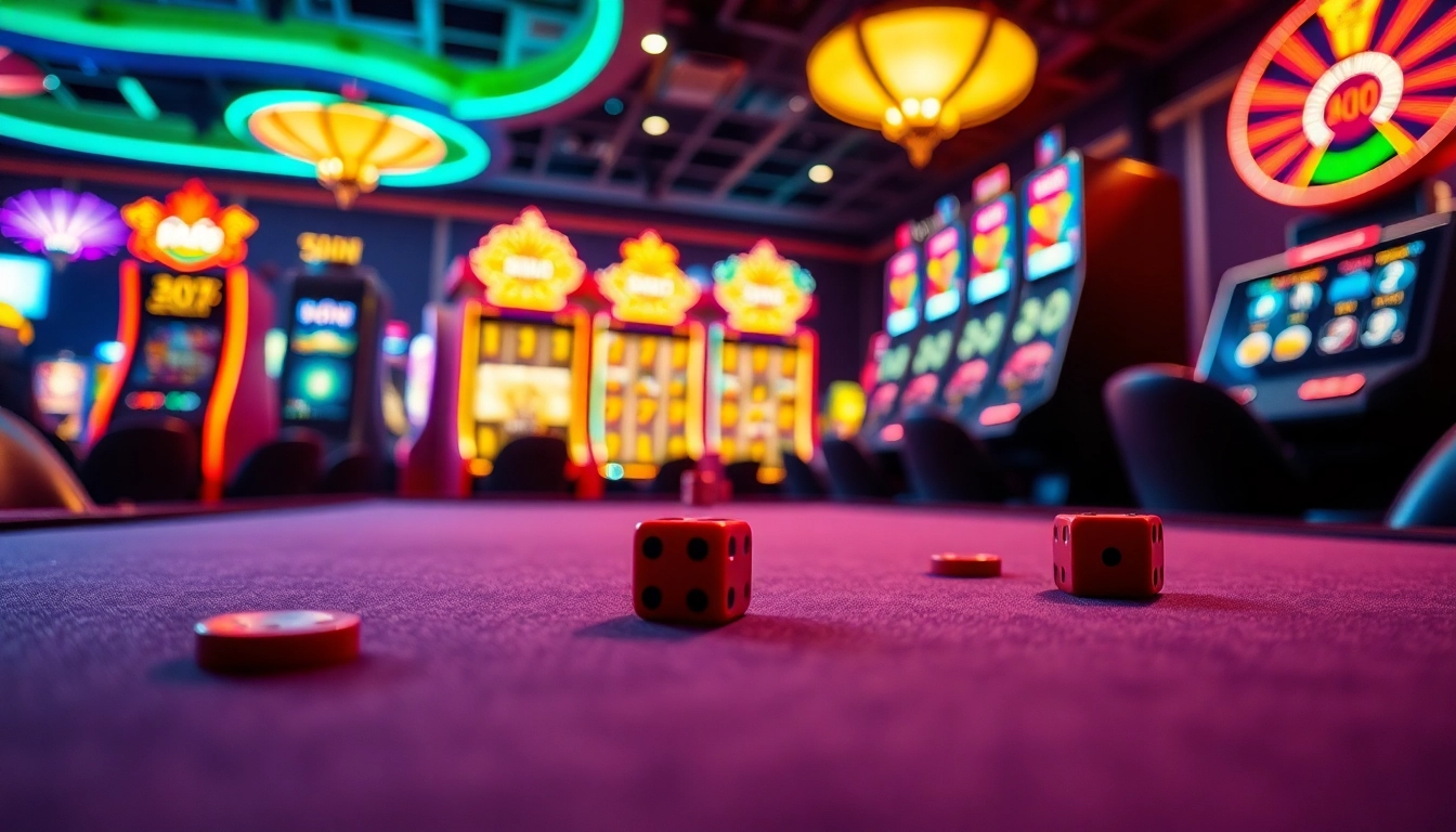 Engaging scene illustrating free spins bonuses at a lively casino with colorful slot machines.