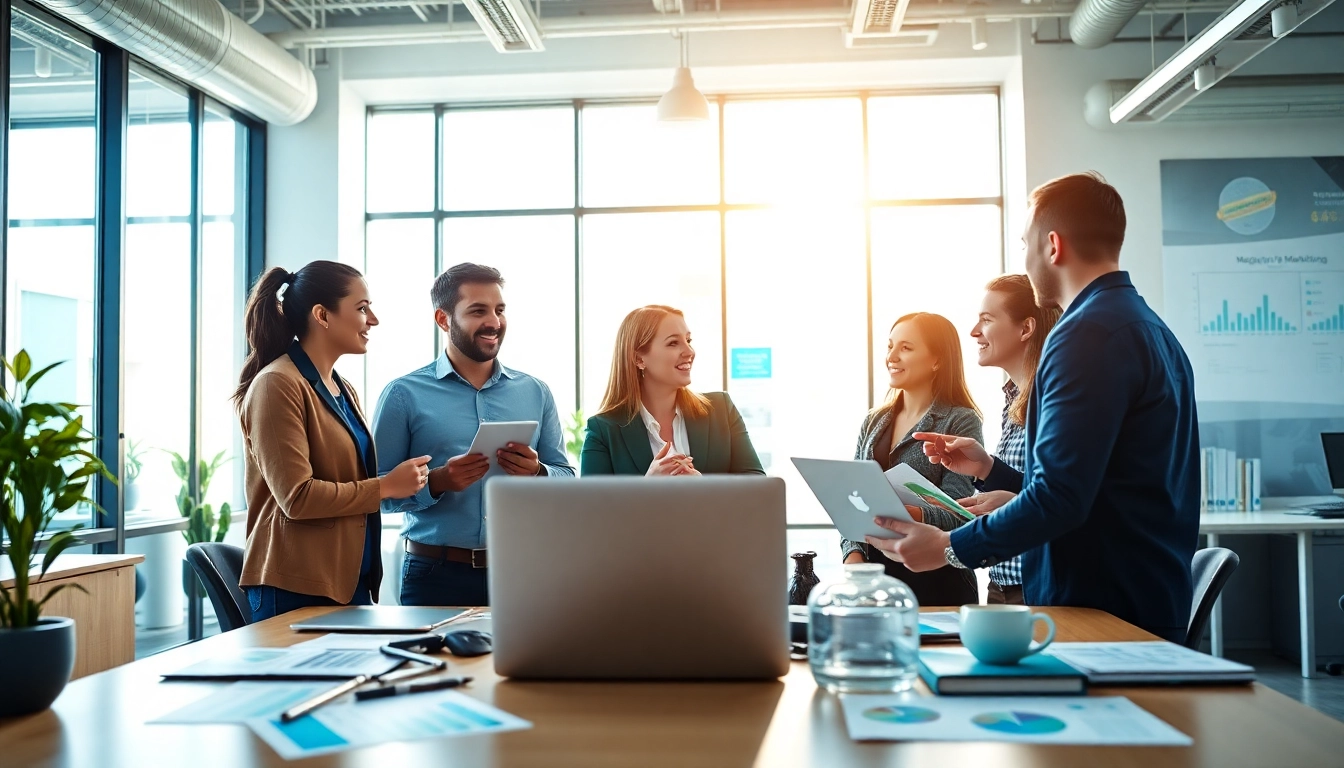 Marketing team collaborating in a bright workspace with diverse professionals highlighting teamwork.