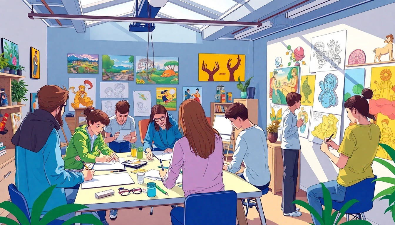 Kreative Künstler arbeiten in einem Animation Studio Berlin, umgeben von inspirierenden Kunstwerken.