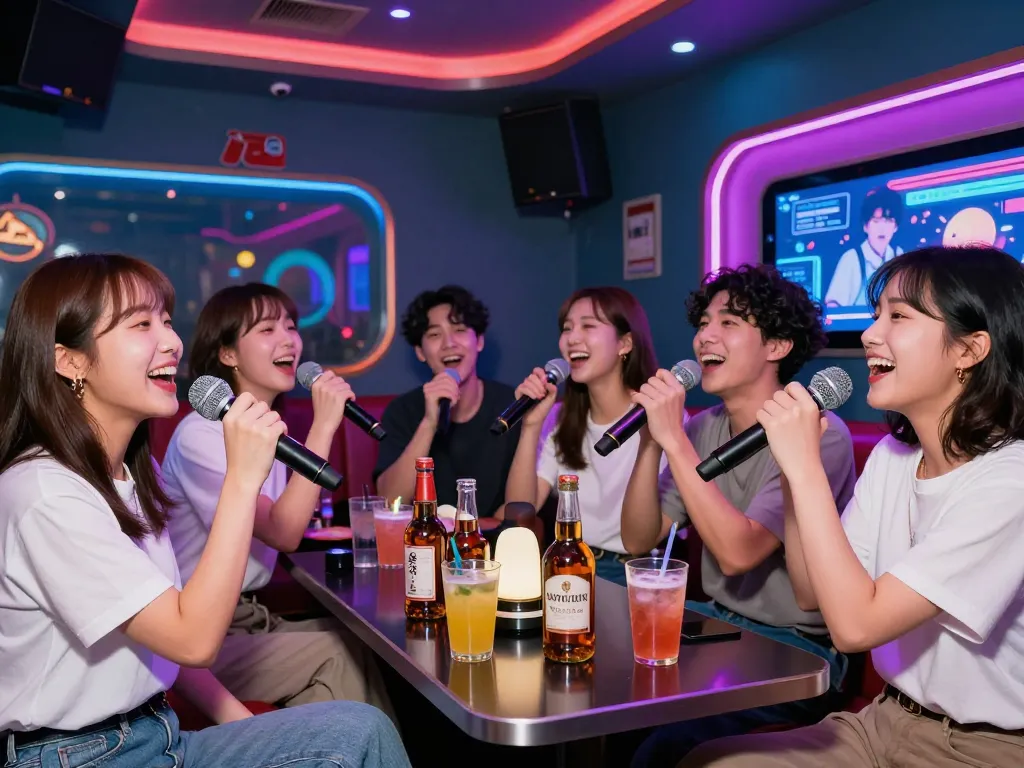 Friends singing at a vibrant karaoke bar, enjoying drinks and laughter at https://www.magic4karaoke.com/ in Jeju Island.