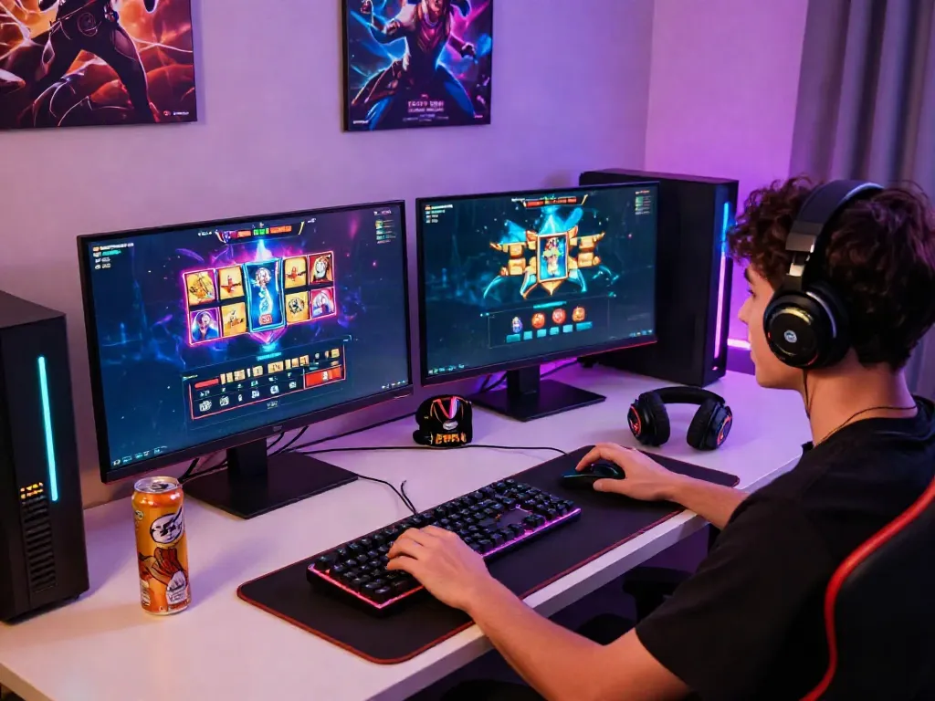 JPTOTO: Pemain slot online terlibat dalam permainan yang mendebarkan dengan tampilan modern dan aksesori gaming yang menarik.
