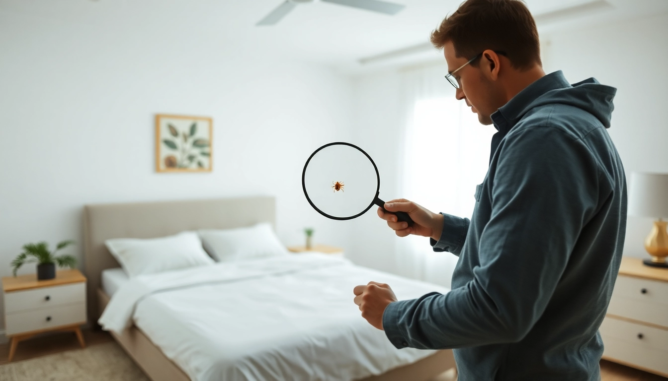 Bed bug exterminator waukesha inspecting for bed bugs with a magnifying glass in a bright room.