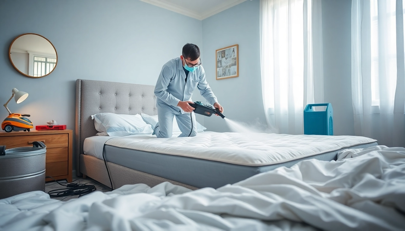 Effective bed bug treatment being applied by a pest control expert in a clean bedroom.