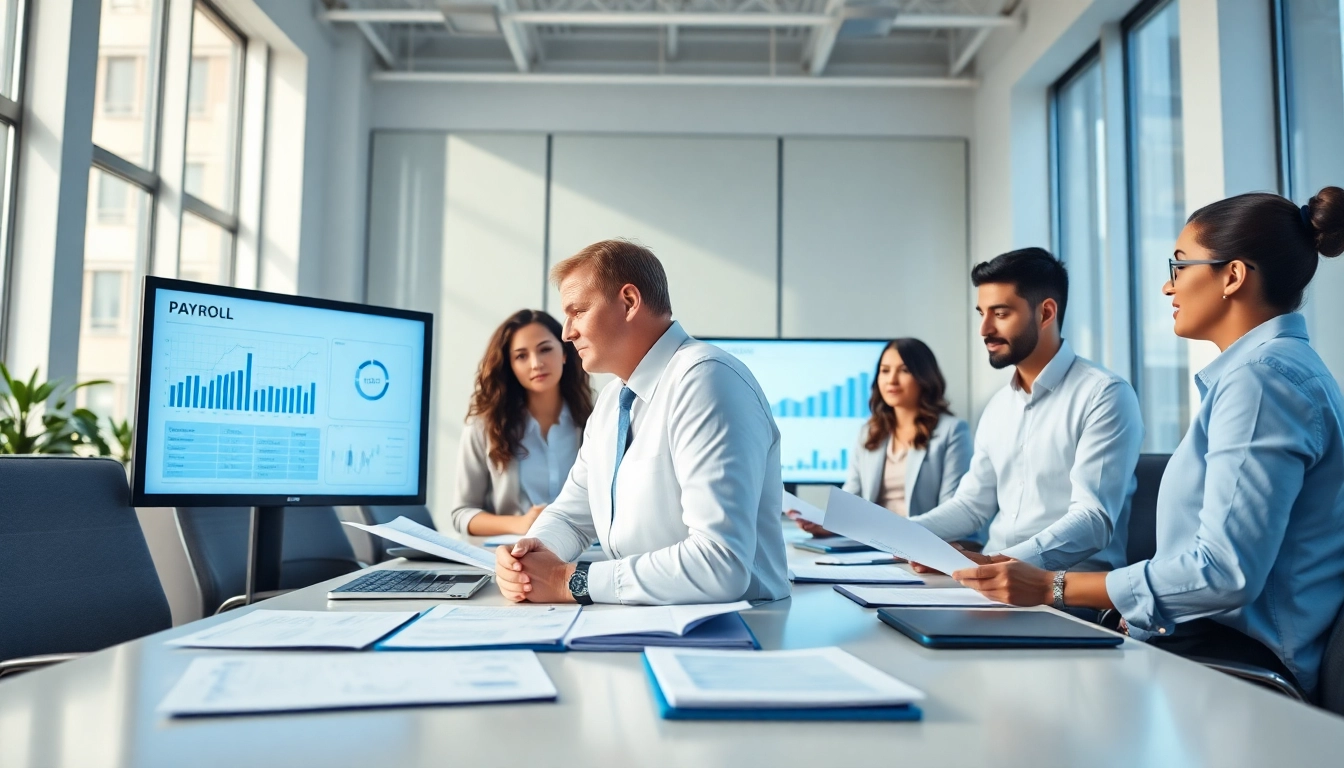 Illustration of payroll management professionals analyzing data together in a bright office environment.