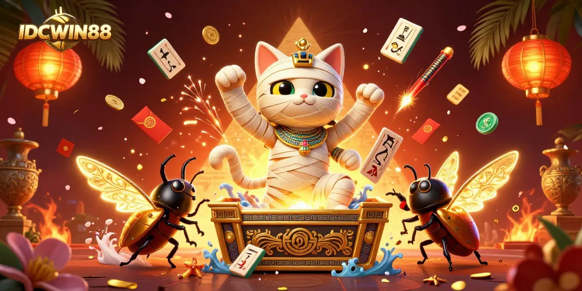 Experience thrilling gameplay at IDCWIN88 with a vibrant graphic of Egyptian-themed casino elements.