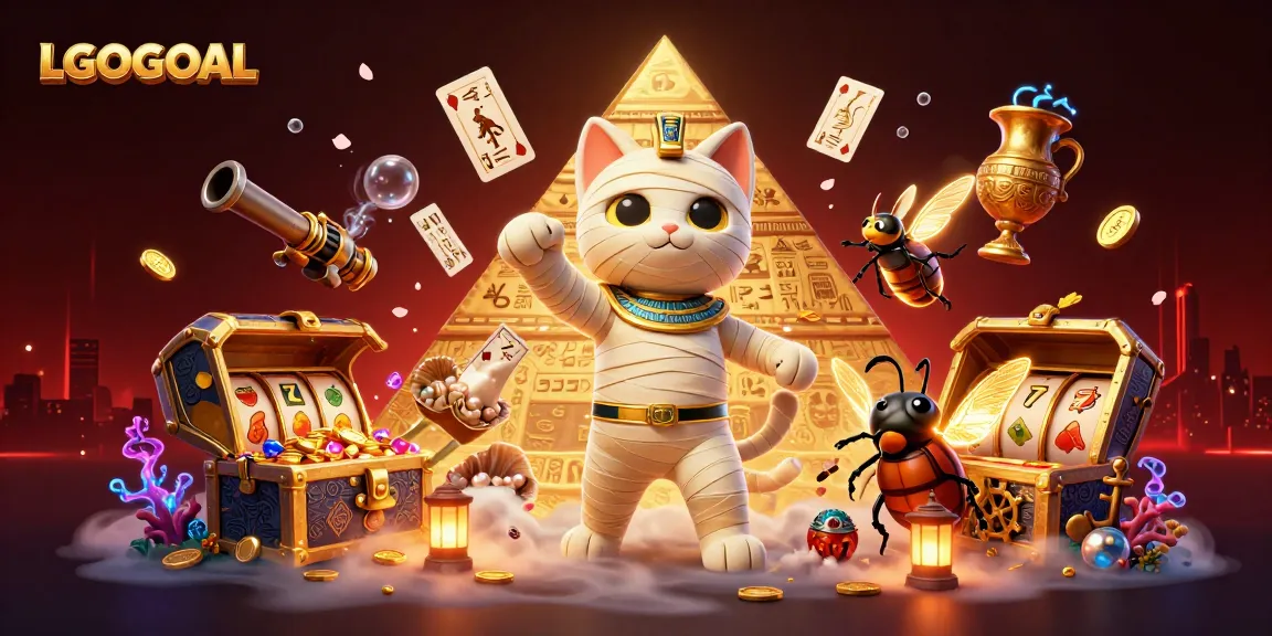 LGOGOAL presents a whimsical casino adventure with an Egyptian mummy cat and scarab beetle.
