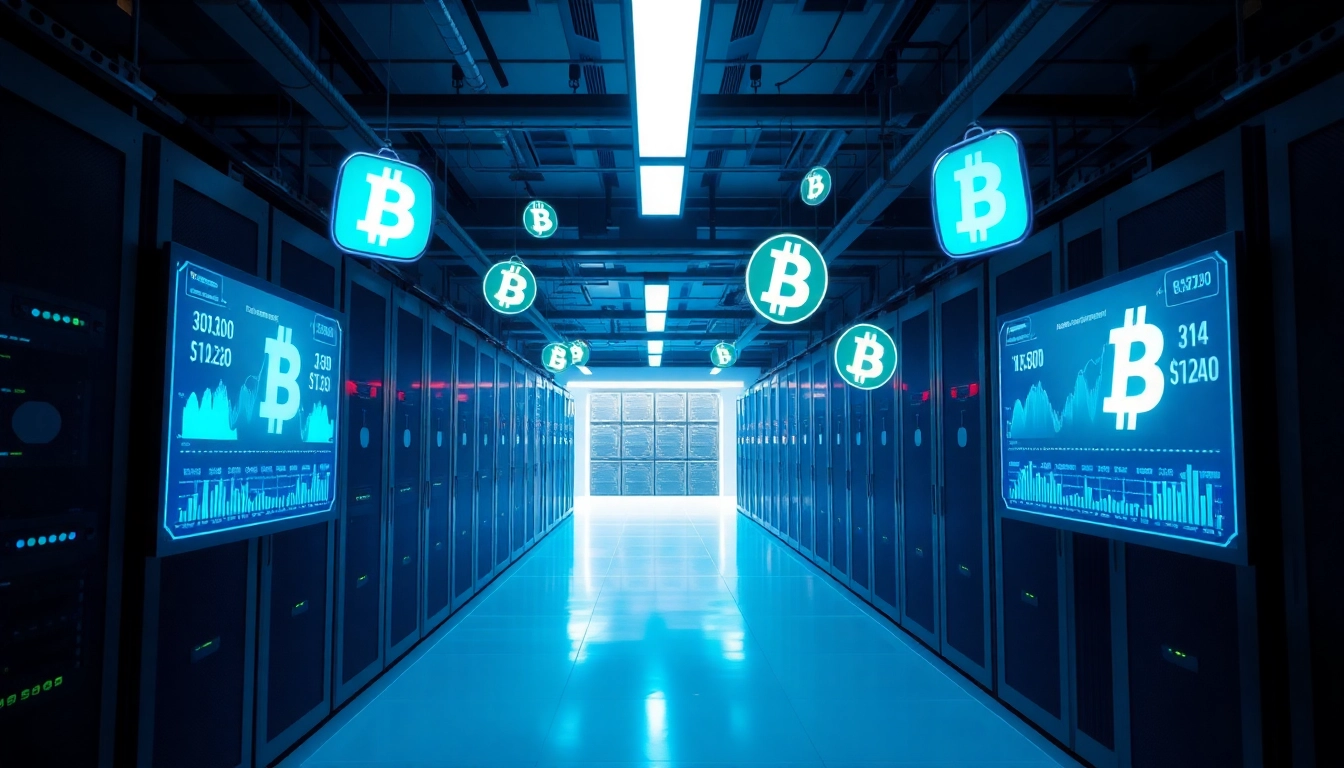 Modern cloud mining facility featuring Bitcoin mining servers and digital stats.