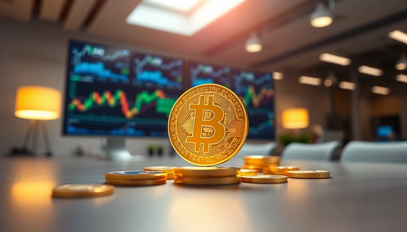 Acheter bitcoin avec un symbole lumineux dans un environnement financier moderne.