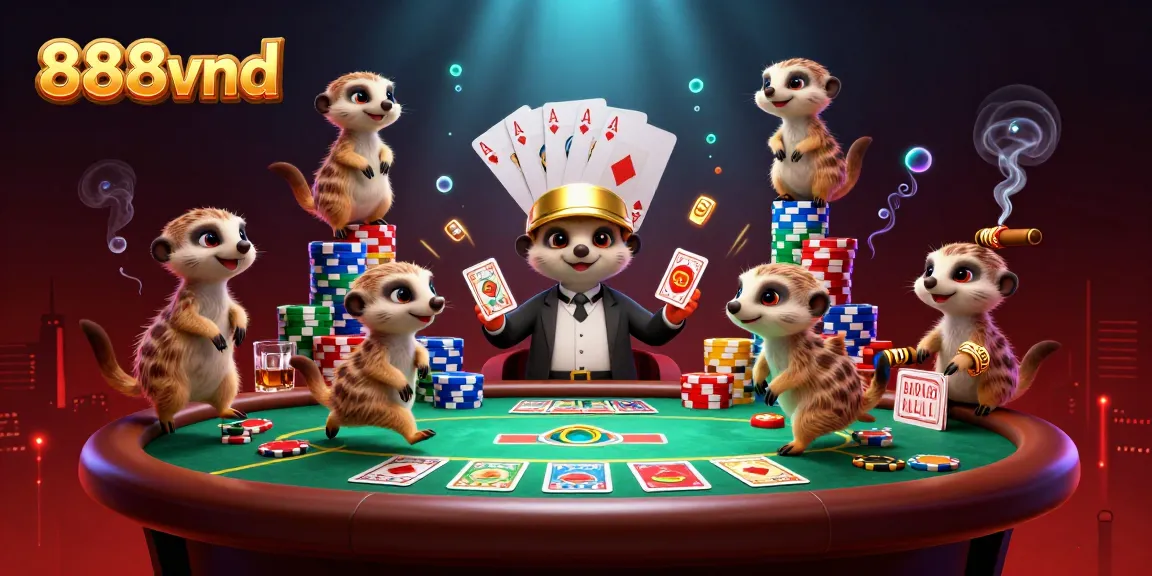 Experience excitement at 888vnd with a lively meerkat casino operation including cards and chips.