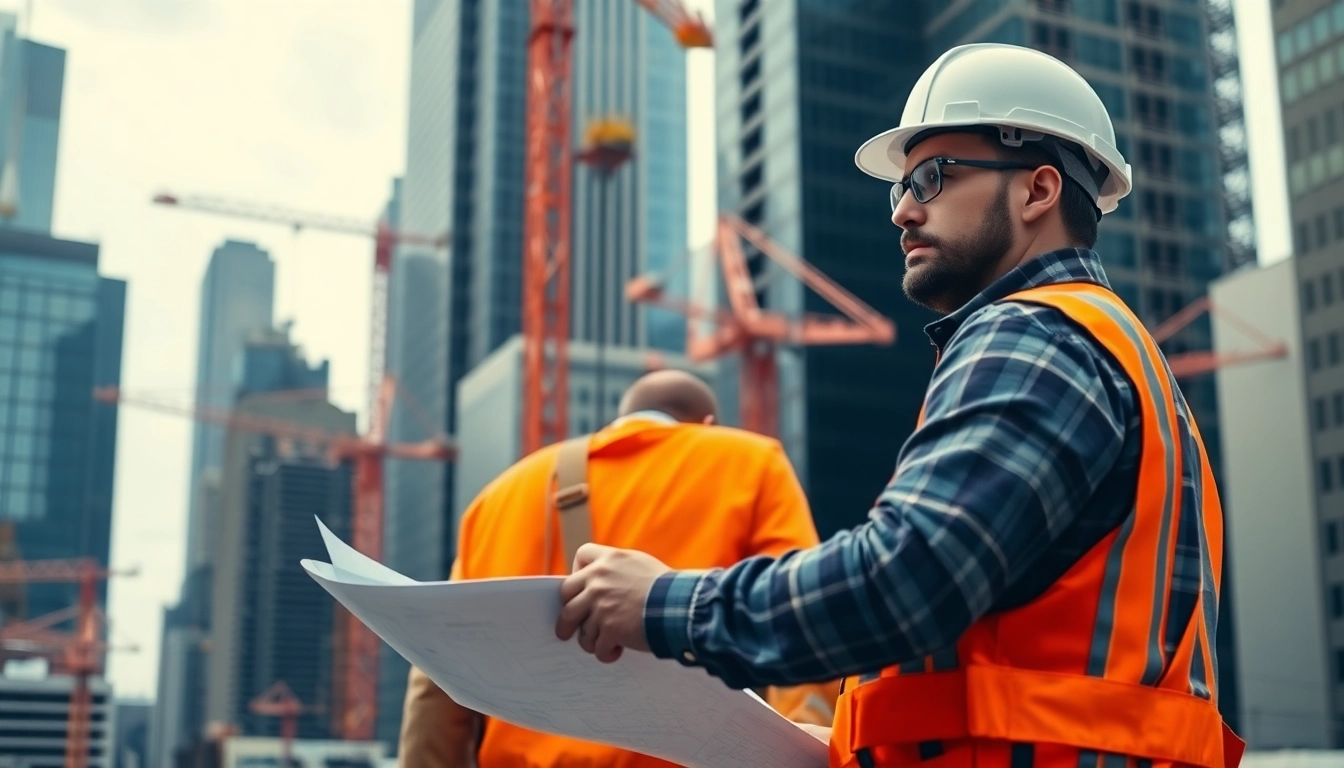 Manhattan Commercial General Contractor inspecting construction plans at a busy Manhattan site.