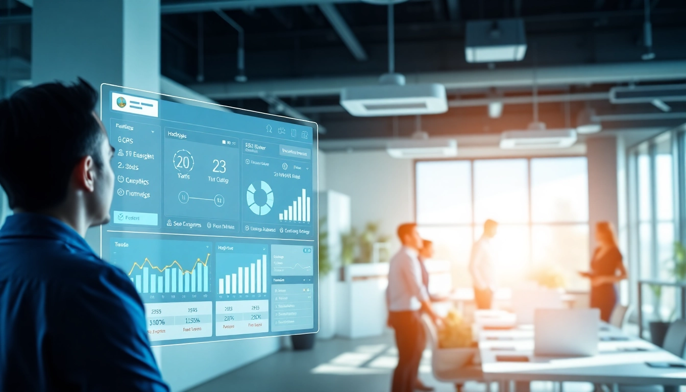 Engaging user interacting with enterprise assistant software interface in a modern workspace.