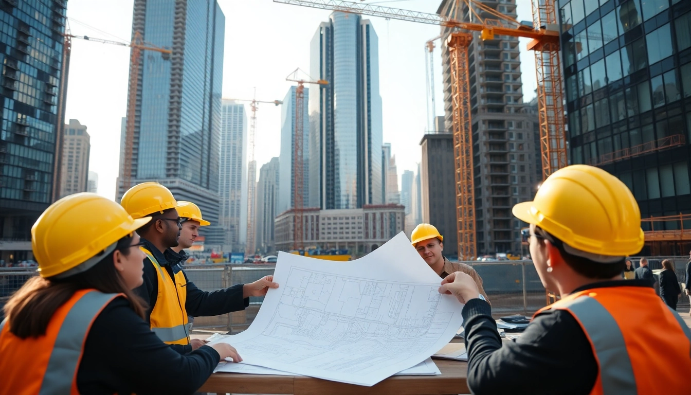 New York City Construction Manager analyzing blueprints in a vibrant urban setting.