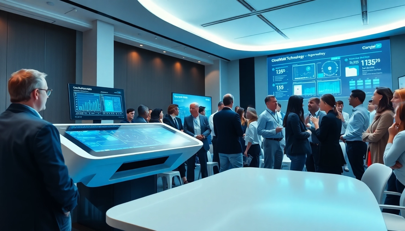 Showcasing CloudWalk Technology with professionals engaging in a tech conference setting.
