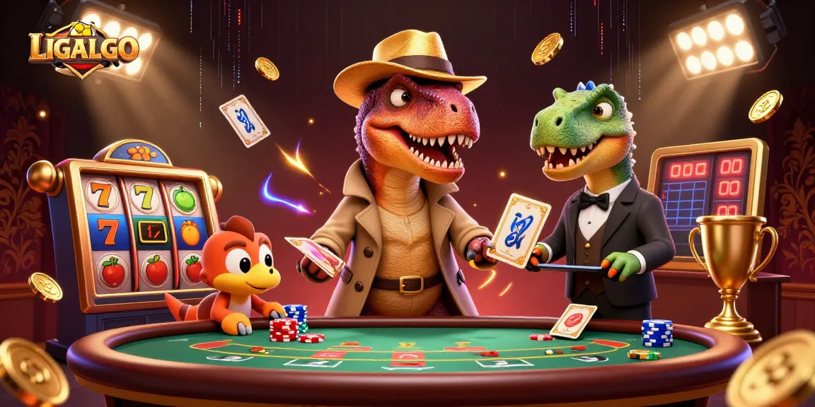 LIGALGO secure online slot gaming scene with a suspicious velociraptor and animated coins.
