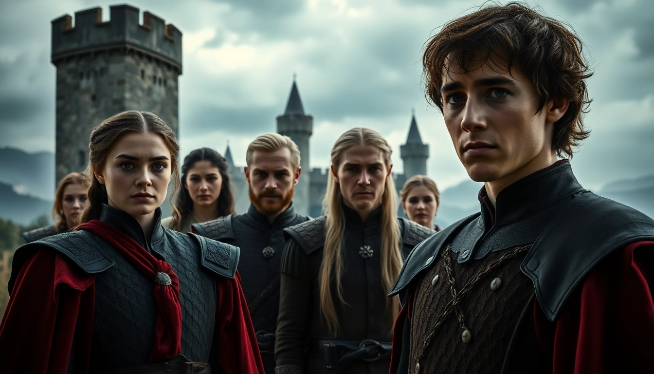 Engaging scene of the Game of Thrones cast dressed in character costumes, showcasing dramatic expressions.