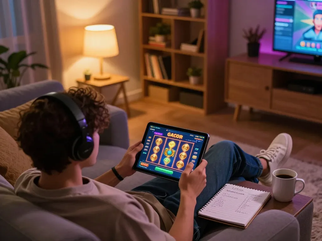 Bermain slot gacor di tablet dalam pengaturan rumah yang nyaman, menggambarkan perjudian yang bertanggung jawab