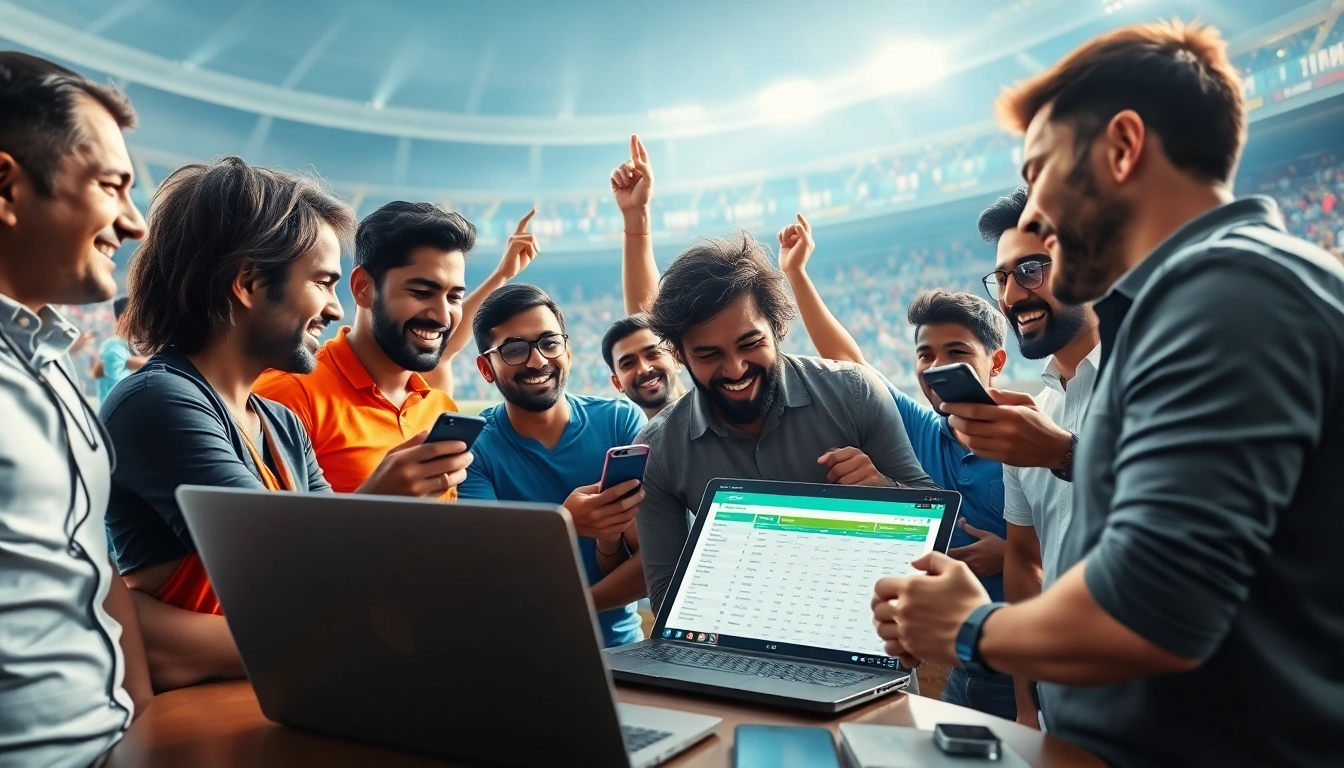 Engaging fans discussing ipl cricket betting tips free with laptops and smartphones in a lively stadium.