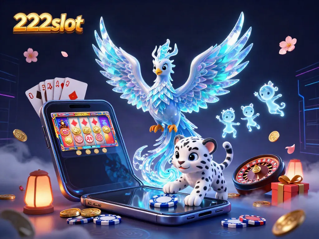Menangkan peluang bermain di 222slot dengan ilustrasi karakter fantasi dan simbol kasino yang menarik.