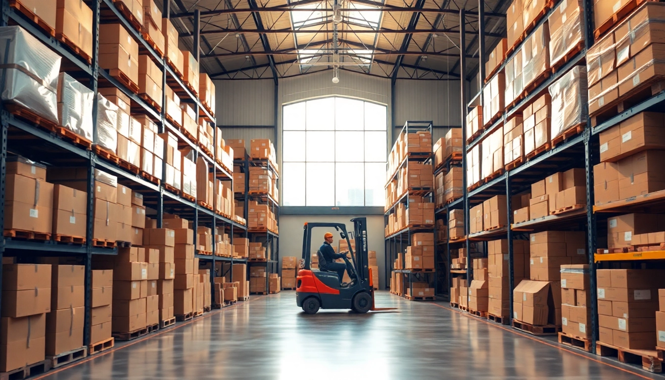 Explore a bustling warehouse filled with organized shelves and goods in bright light.