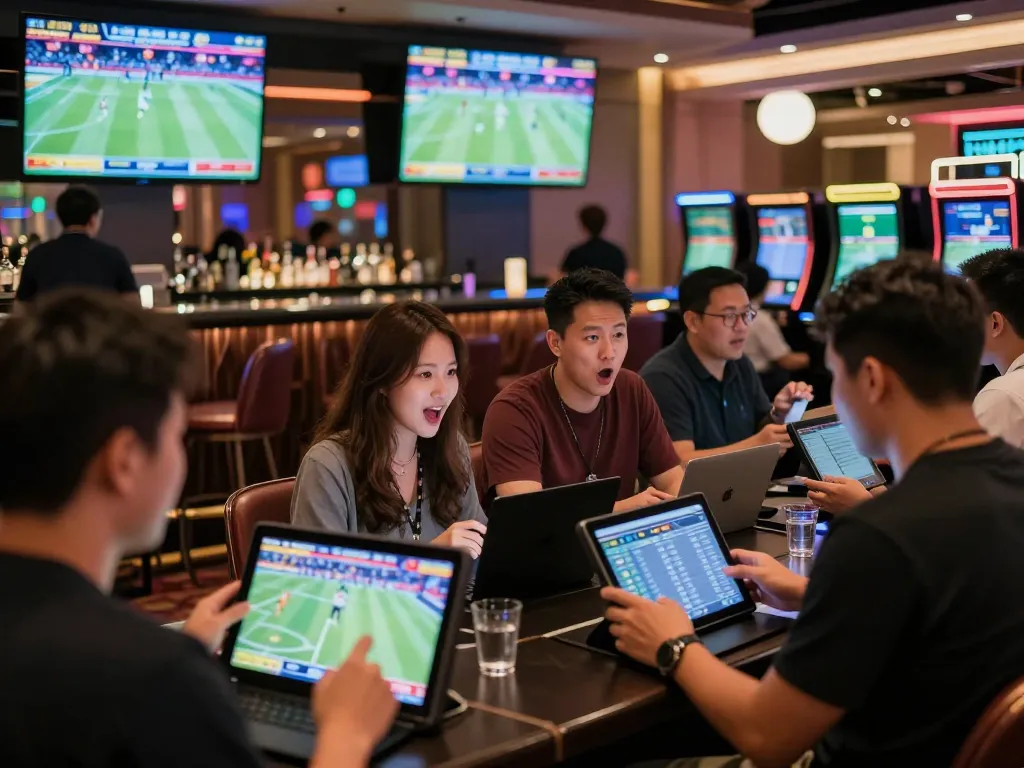 Kèo nhà cái betting excitement with patrons analyzing odds at a sports betting area.