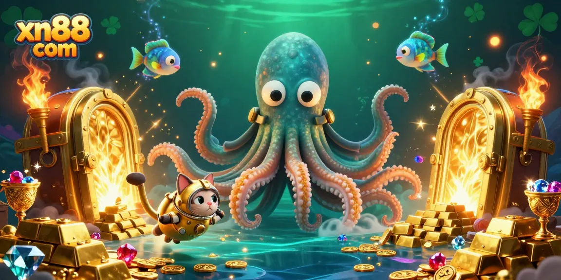 Experience epic wins at xn88 com with a thrilling 3D kraken and diving cat illustration capturing gold treasures.