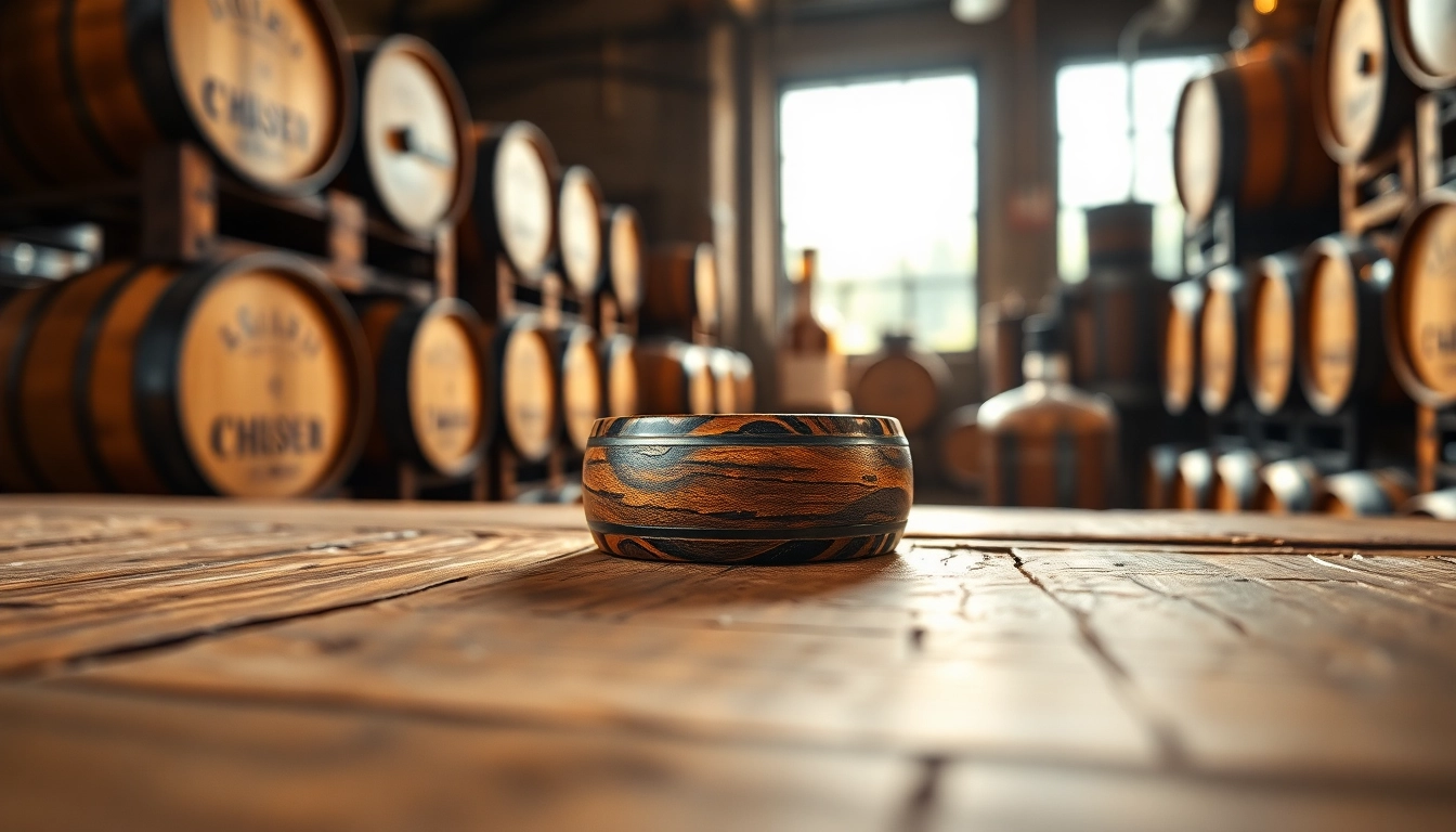 Showcasing unique Whiskey Barrel Wedding Bands highlighting the beautiful wood grain.