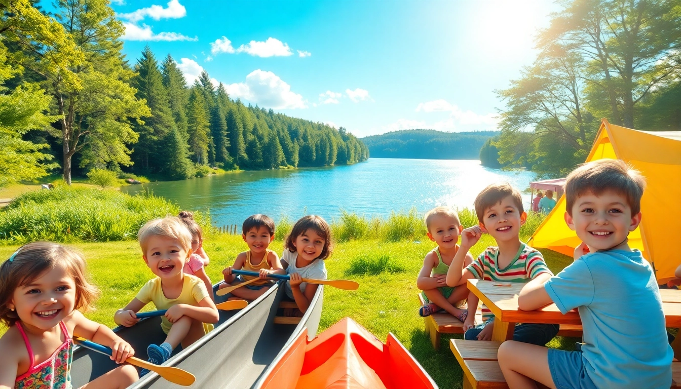 Children actively enjoying summer kids camp activities in a vibrant, sunny outdoor setting.