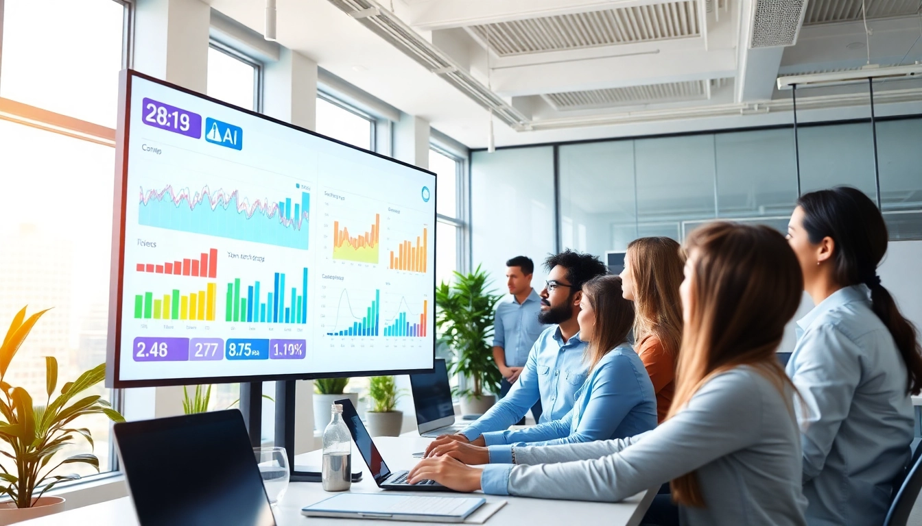 Analyze AI for competitive intelligence with a team discussing strategies in a modern office.