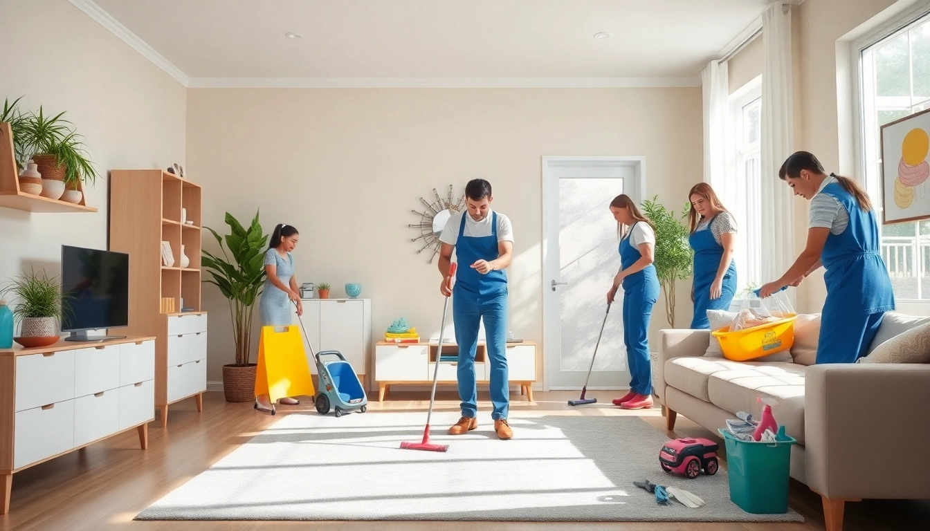 Showcasing professional cleaning services near me with a team organizing a bright living room.