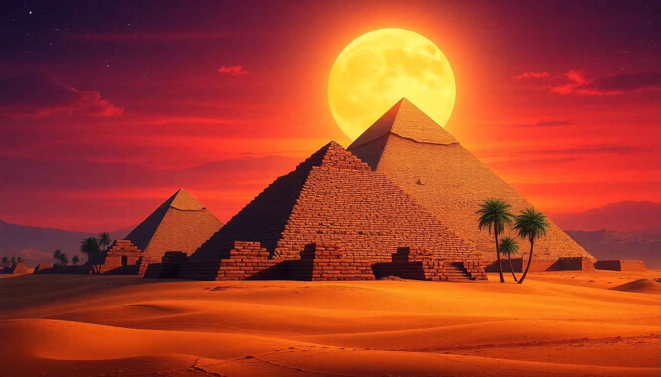 Explore the ancient pyramids, featuring the iconic piraminds of Giza under a twilight sky.