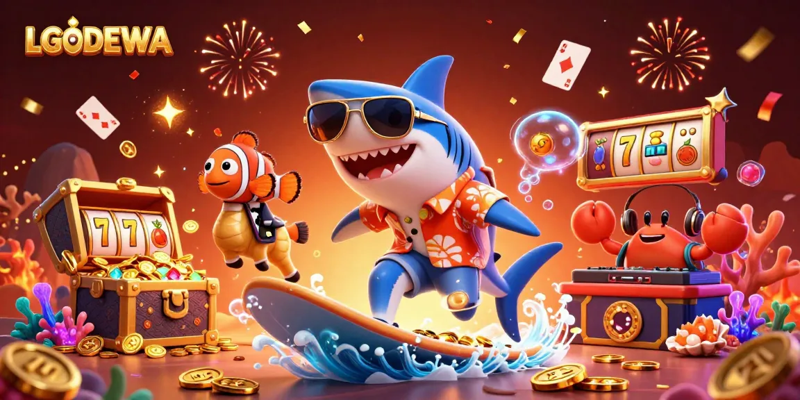 Celebrate wins at LGODEWA with vibrant visuals of slot games, lucky 7s, and exciting casino elements.