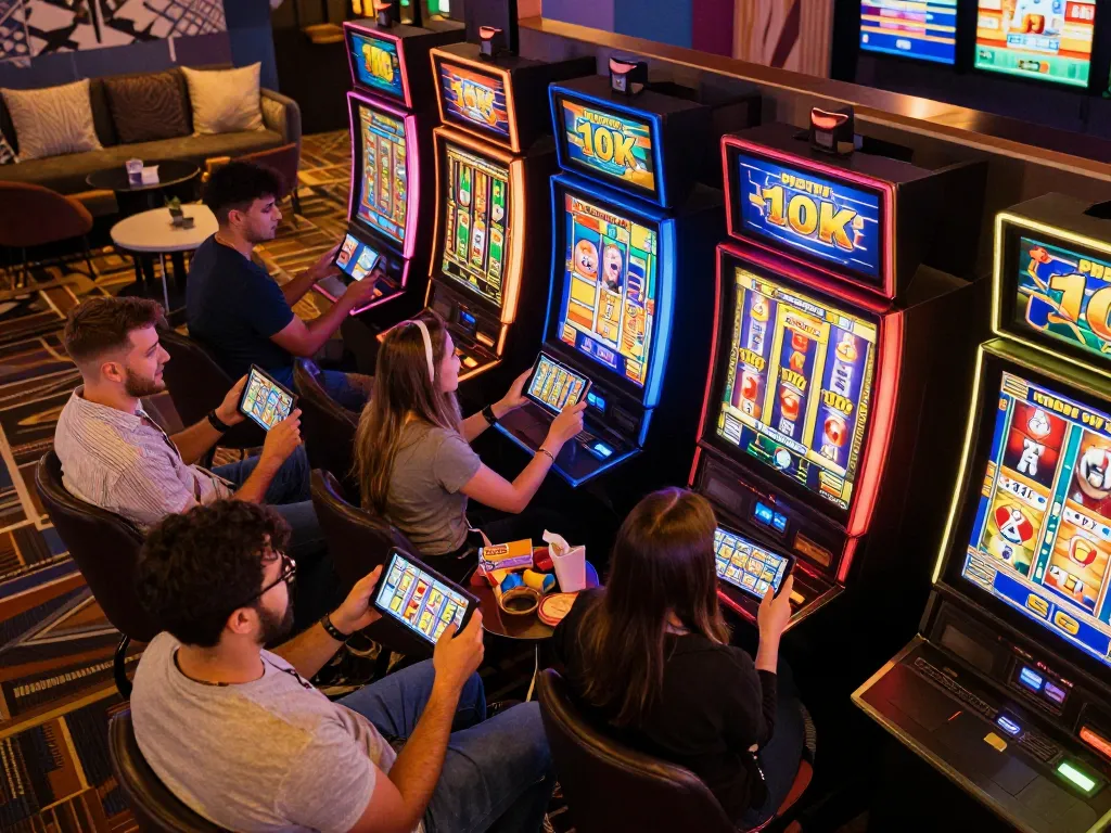 Players engaged in slot deposit 10k gameplay with colorful reels in online casino atmosphere