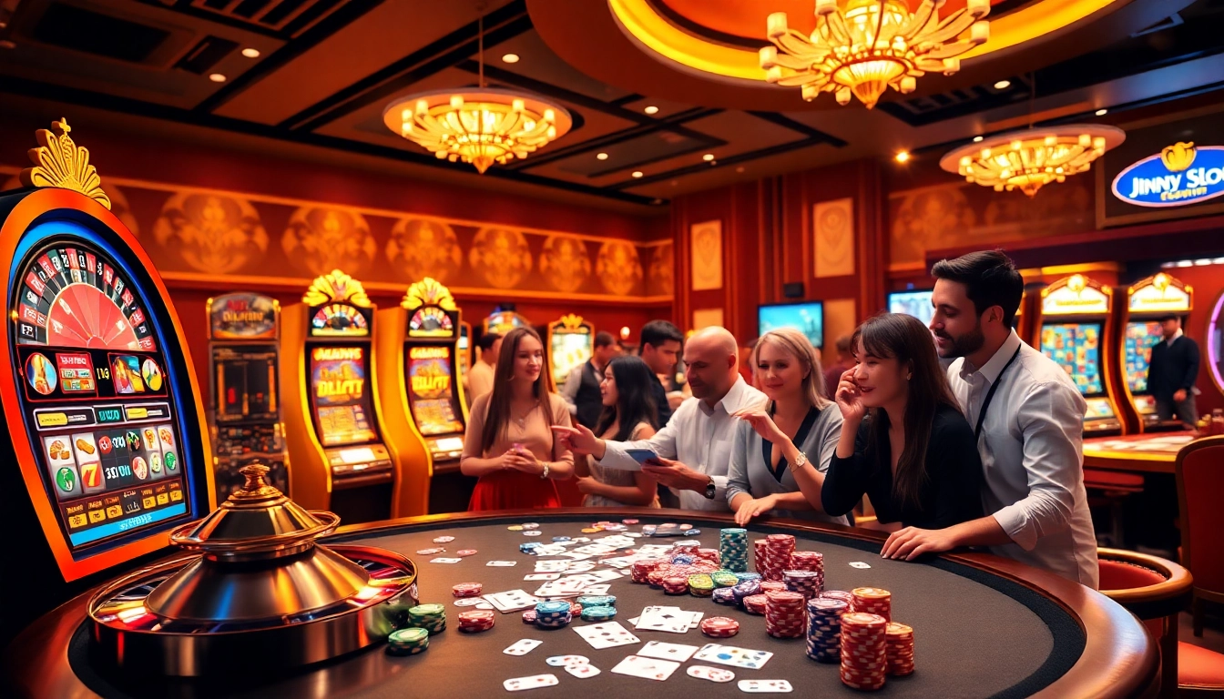 Exciting online gambling scene focusing on idnslot with vibrant slot machines and roulette wheel.