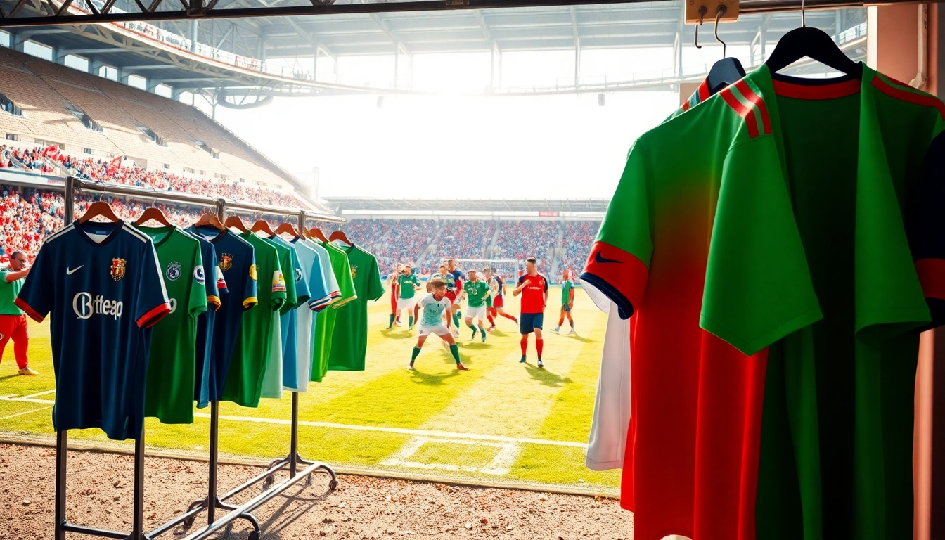 Showcasing team football kits hanging gracefully with vibrant backgrounds in a sports environment.