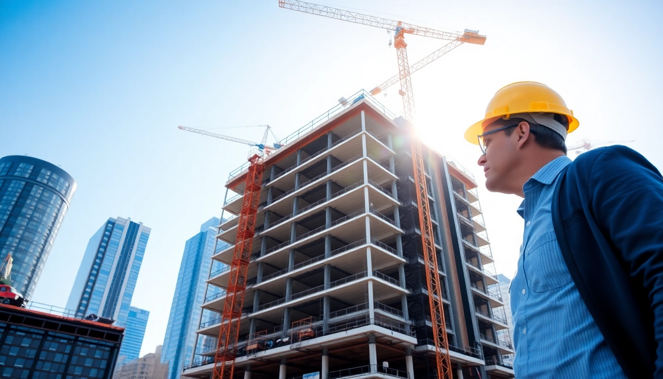 Manhattan Construction Manager supervising a busy construction site with cranes and bustling workers.