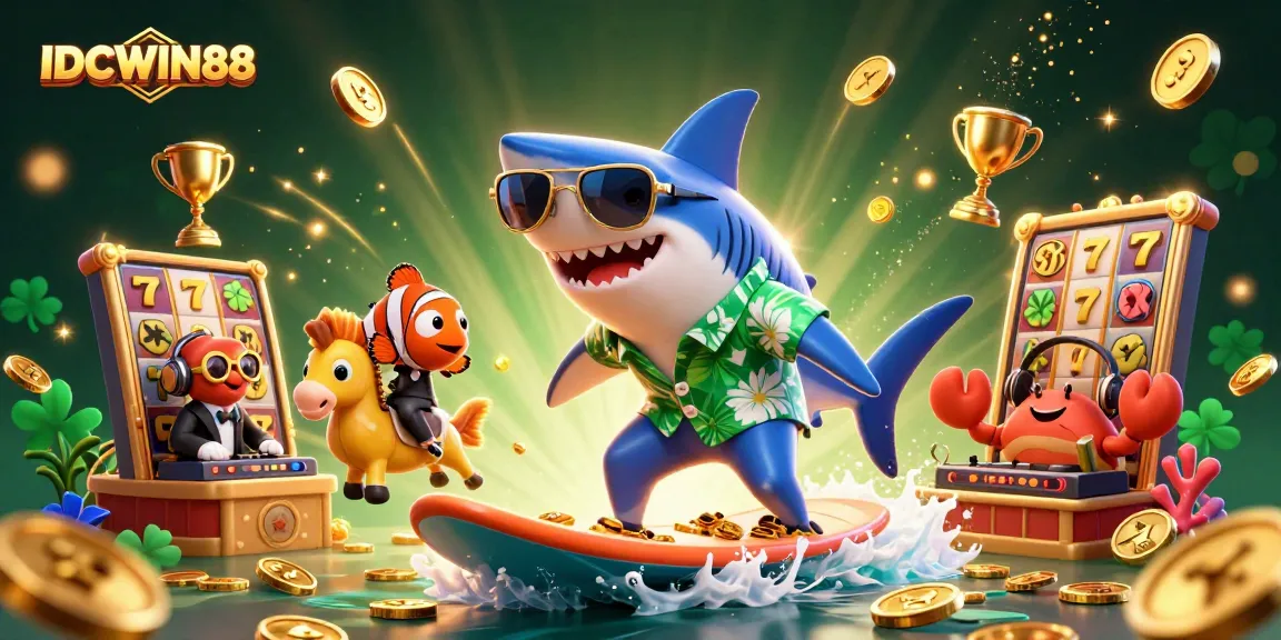IDCWIN88 showcases a vibrant scene with a shark surfing gold coins, highlighting exciting slot elements and casino energy.