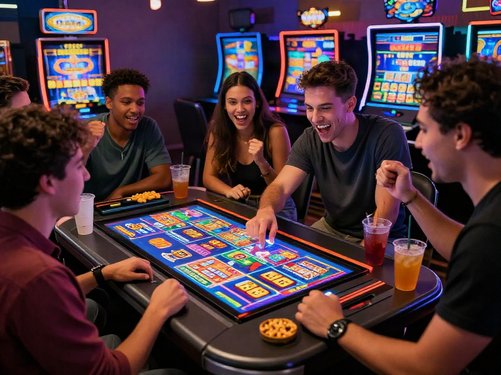 Friends experiencing a slot bonus in an exciting online casino setting, showcasing vibrant games and social interaction.