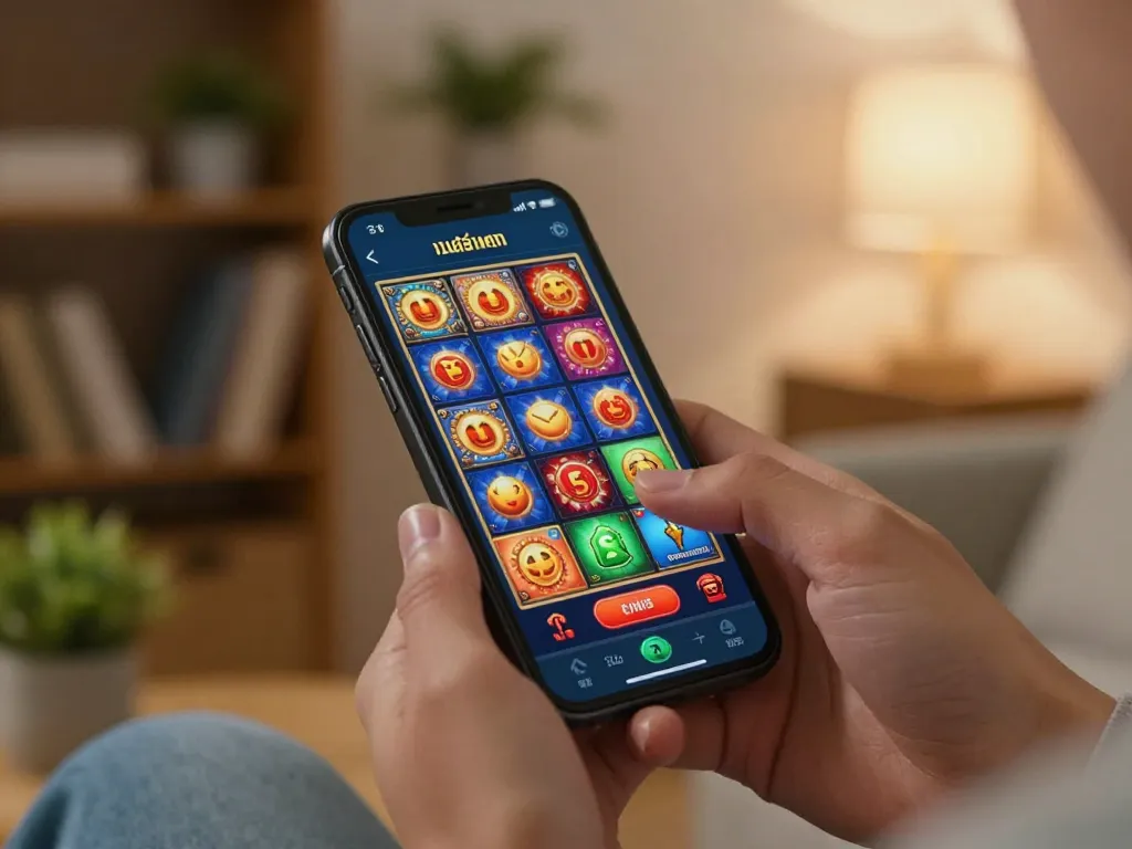 Engaging with smartphone for เว็บสล็อตตรง gameplay in a cozy home environment, capturing excitement of online slot games